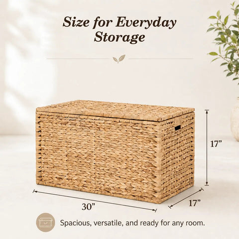 Handwoven Water Hyacinth Storage Trunk With Lid And Handles, rustic wicker chest, 30in L x 17in W x 17in H, natural finish
