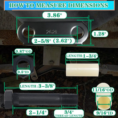 Dimensions and components of Trailer Shackle Kit For Double Eye Leaf Spring Tandem Axles Two And Five Eighths Inch Straps.