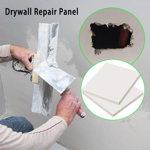 DIY Friendly Drywall Patch Kit For Large Holes 12 By 12 Inch One Half Inch Thick Wall Repair Panel shown in use.