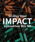 GrenPRO impact screwdriver bit set, 35-piece, S2 alloy steel, magnetic 1/4 in hex shank, orange and teal, front view.