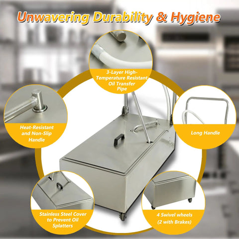 Heavy Duty Commercial Fryer Oil Filter Cart Rolling Mobile Restaurant Grease Purifier With 48 Liter Tank showing features and design details.