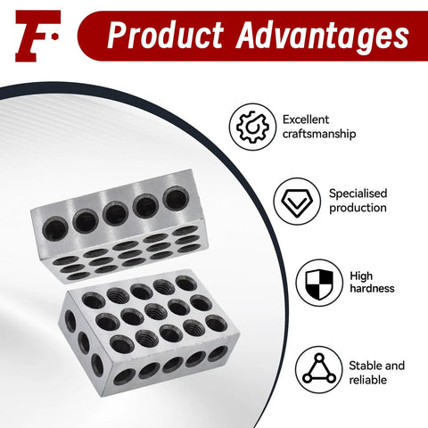 Two steel machinist blocks, 1 x 2 x 3 in, with 23 holes per block.