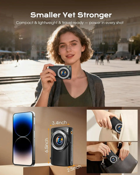 Person holding 8K Ultra HD Digital Camera for Vlogging and YouTube Photography with Dual Front and Rear Lenses outdoors.