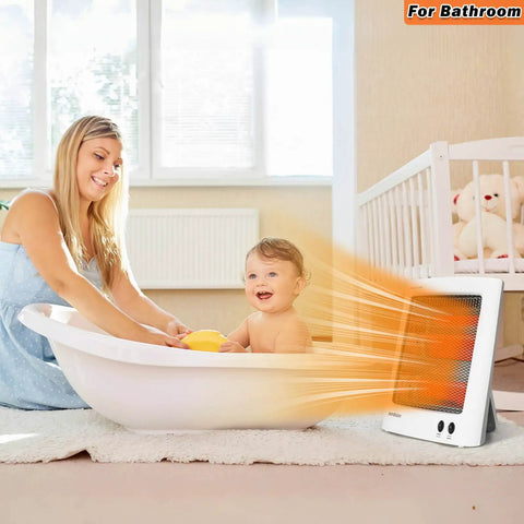 Mother and child in bathroom with Portable Infrared Space Heater With Quartz Heating Element For Toasty Warmth Electric Heater