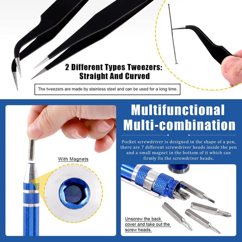 39 Piece Pro Grade Model Tools Kit showing tweezers and magnetic screwdriver with interchangeable heads for model building and hobby crafting