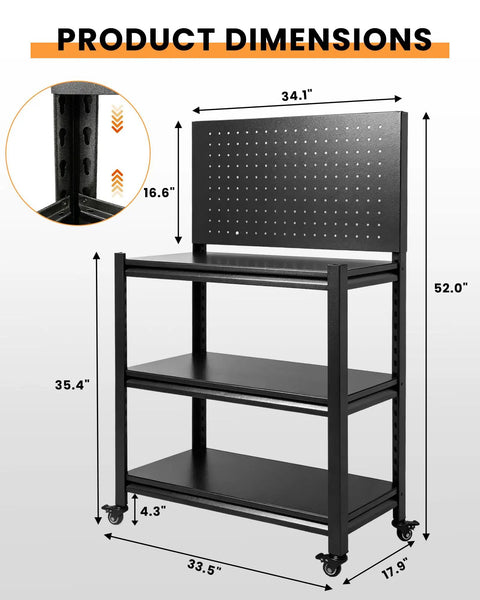 52 Inch Rolling Work Table with pegboard surface, adjustable height, and lockable wheels, dimensions displayed
