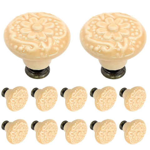 Real Deal Light Yellow Ceramic Kitchen Cabinet Knobs And Drawer Pull Handles Comes With Solid Hardware Set For No Sweat DIY Installation Top Tier Finish, showing six floral knobs in light yellow.