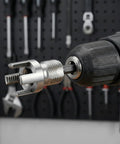 Top Rated 6 Piece Pipe Threading Tool Kit For Pvc integrated head attached to electric drill for plumbing tasks.