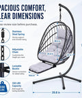 Chill Hanging Egg Chair With Stand And Retractable Footrest in Dark Gray Frame with Cushion, 330 lbs capacity, shown with dimensions.