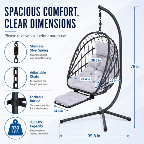 Chill Hanging Egg Chair With Stand And Retractable Footrest in Dark Gray Frame with Cushion, 330 lbs capacity, shown with dimensions.