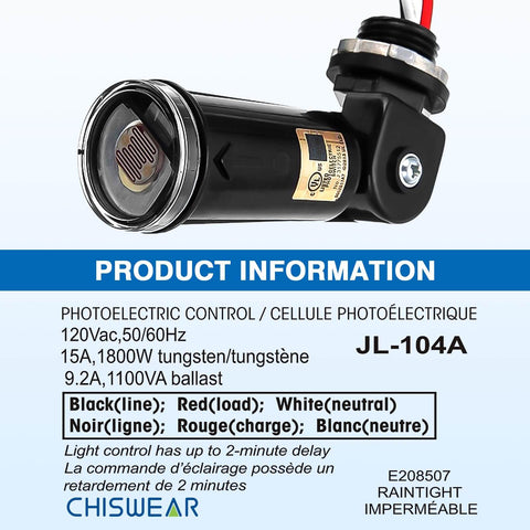 Close-up of Two Pack Automatic Outdoor Light Sensor Switch with product information label and wiring details.