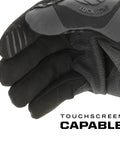 M Pact Covert Tactical Gloves With Secure Fit For Men, showing thumb and finger detail, touchscreen capable, black X Large.