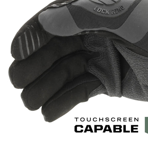 M Pact Covert Tactical Gloves With Secure Fit For Men, showing thumb and finger detail, touchscreen capable, black X Large.