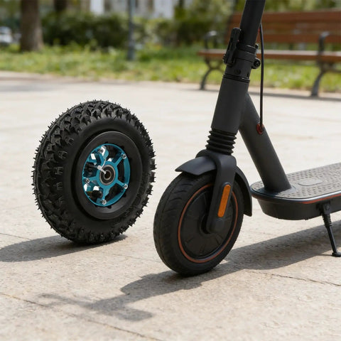 8 Inch Pneumatic Off Road Tire 200x50 For Electric Skateboard And Scooter With Beefy Aluminum Alloy Hub And Rubber Tread 8mm Or 10mm Axle Hole Blue Hub All Terrain Wheel next to scooter