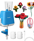 Electric ICord Knitting Machine Automatic ICord Maker With Tension Control Hands Free DIY Knitting Tool For Crocheters And Yarn Crafters Patent Design Options, showing blue device with accessories and yarn crafts.