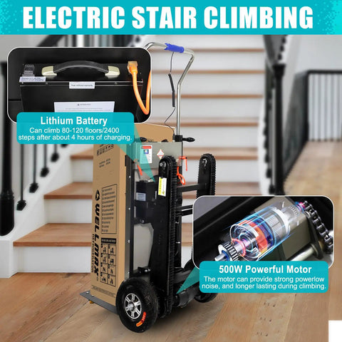 Camini Electric Stair Climbing Hand Truck Dolly Cart With 661 Lbs Capacity And 600 W Motor visible with battery and motor details.