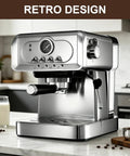 Pro Barista Style 20 Bar Espresso Machine With Automatic Steam Frother Stainless Steel Coffee Maker on kitchen counter.