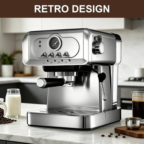 Pro Barista Style 20 Bar Espresso Machine With Automatic Steam Frother Stainless Steel Coffee Maker on kitchen counter.