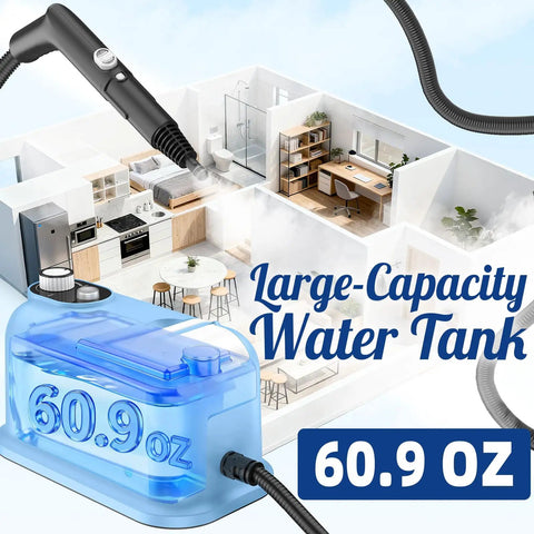 Heavy Duty Handheld Steam Cleaner 10s Rapid Heat Delivers 230 Degree Pressurized Steam For Deep Cleaning Floors Grout Tile Kitchen Upholstery And Car Interiors Chemical Free Whole Home Solution With 15 Accessories For Spotless Results showing 60.9 oz large-capacity water tank in a modern home setting.