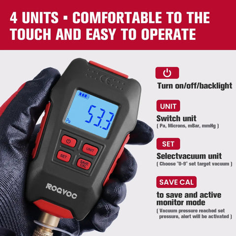 Digital HVAC Vacuum Gauge With Real Time Micron Readout 1/4 Inch SAE Connection Vacuum Meter For Refrigeration Systems And Heat Pumps Tracks Dehumidification And Impurity Removal During Service For Pros And DIY Techs. Handheld black gauge with blue display and 4-button controls.