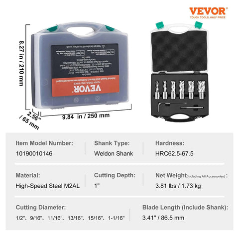 Front view: VEVOR 6-pc annular cutter set with Weldon shanks, M2AL HSS, 1 in depth, 1/2 in - 1-1/16 in dia, in case