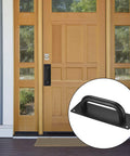 Front view of a wooden door with Beefy Heavy Duty Sliding Door Pulls And Push Plate Handles For Kitchen Cabinets And Barn Doors.