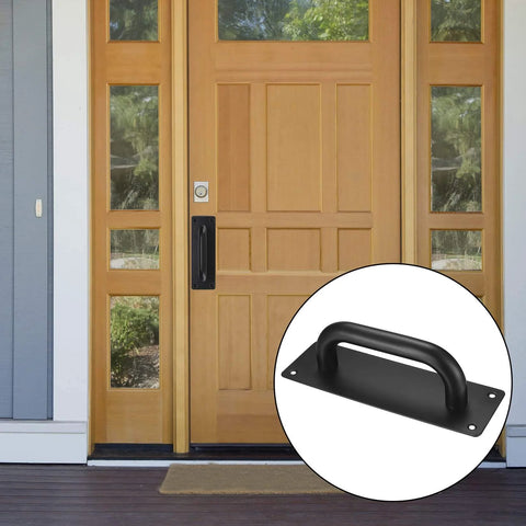 Front view of a wooden door with Beefy Heavy Duty Sliding Door Pulls And Push Plate Handles For Kitchen Cabinets And Barn Doors.