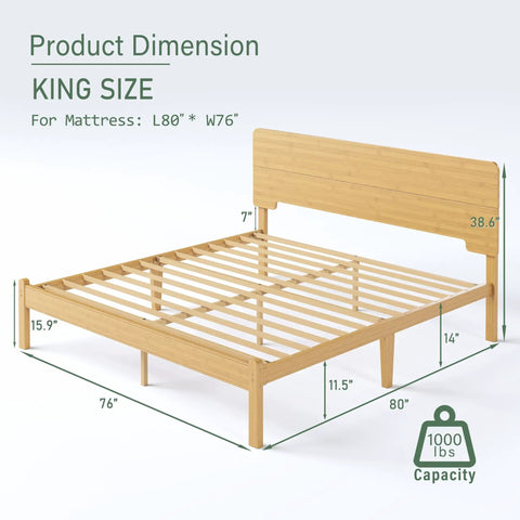 Natural Bamboo King Size Platform Bed Frame With Headboard dimensions showing 80x76 inches with 14 inch low profile.