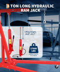 Red 8-ton hydraulic engine hoist with clevis base and air pump; long ram jack on shop stand