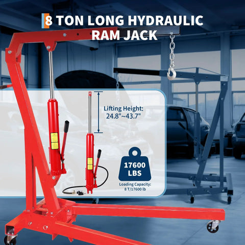 Red 8-ton hydraulic engine hoist with clevis base and air pump; long ram jack on shop stand