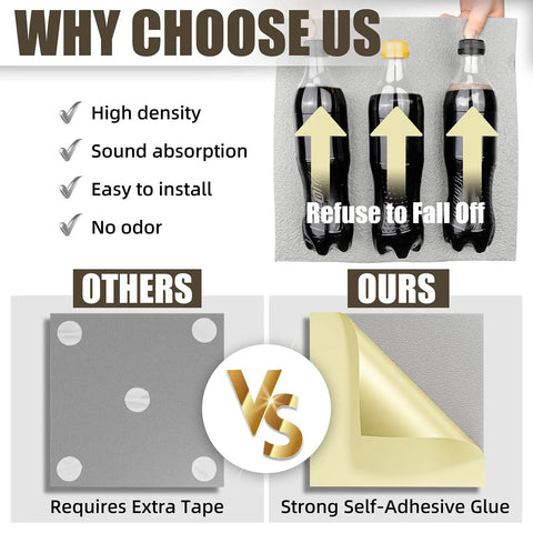 48 Pack High Density Self Adhesive Sound Proof Foam Panels 12 By 12 By 2 Inches Easy As Pie Install Wall And Ceiling Acoustic Tiles Noise Killing Gray Shade Option comparison, showing self-adhesive features.