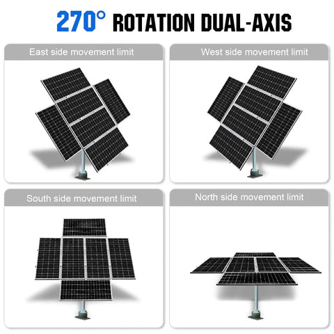 Dual Axis Solar Tracker Kit With Controller Boosts PV Output By 40 Percent Complete Tracking System For Solar Panels 270 Degree Rotation showcasing movement limits in four directions.