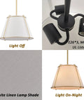 3 Light Gold Pendant Light Featuring White Linen Cone Shade And Sturdy Metal Cage, displaying light on and off.