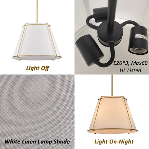 3 Light Gold Pendant Light Featuring White Linen Cone Shade And Sturdy Metal Cage, displaying light on and off.
