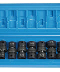 Open blue case displaying 12-Piece 6-Point Socket Set For Three-Eighths Inch Drive, Impact-Grade Auto Tool Sockets with SAE and metric sizes