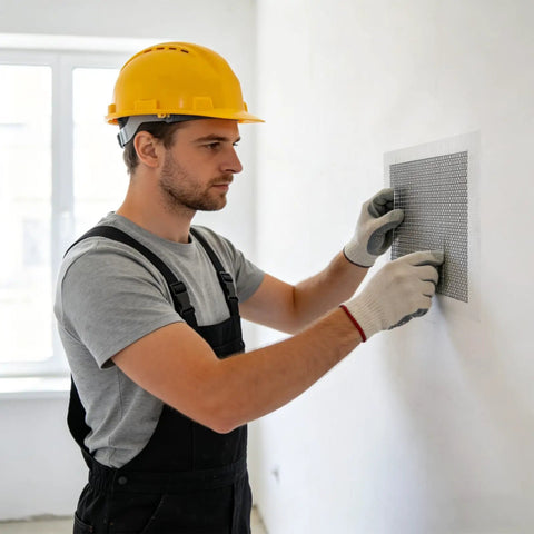 Person using Easy Peasy Drywall Repair Kit With Patches, Sandpaper And Scrapers For 2In To 8In Holes on a wall.