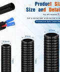 Split Wire Loom Kit with 25 Ft Each Of 1/4, 3/8, And 1/2 Inch Cable Sleeves, Flexible Polyethylene Conduit Tubing For Wires, shown with size details