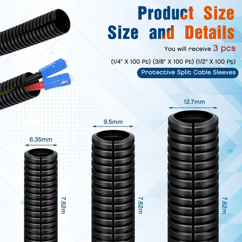 Split Wire Loom Kit with 25 Ft Each Of 1/4, 3/8, And 1/2 Inch Cable Sleeves, Flexible Polyethylene Conduit Tubing For Wires, shown with size details