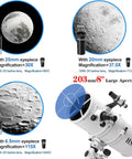 Dope 203mm Aperture Reflector Telescope For Adults, 800mm Focal Length, magnification details and eyepieces