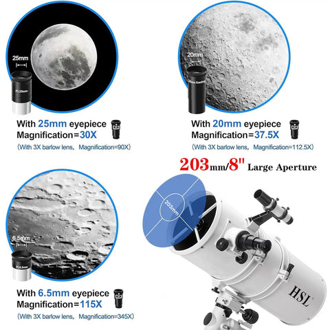 Dope 203mm Aperture Reflector Telescope For Adults, 800mm Focal Length, magnification details and eyepieces