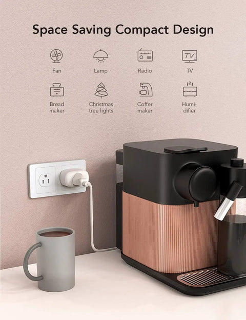 Compact WiFi Smart Plug 4 Pack Mini Outlet Works With Alexa And Google Home Remote Voice Control Schedule Timer 2.4G Only Child Lock Space Saver Fits Double Sockets plugged with coffee maker