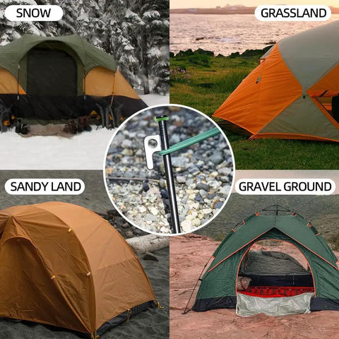 Heavy Duty 8 Inch Tent Stakes Set With Metal Pegs Fluorescent Silicone Rings And Storage Bag For Camping in various terrains