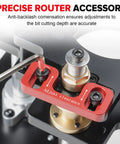 Close-up of the Top Shelf Heavy Duty Aluminum Router Lift System With Slick Micro Fine Adjustment Plates for precision depth adjustments.