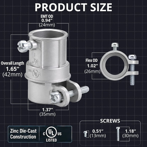 Half Inch EMT To Flex Combination Squeeze Coupling With Snap In Design For Quick Tool Free Install Connects One Half Inch EMT To Flexible Conduit With Durable Zinc Alloy Silver Finish Perfect For DIY Electrical Projects, product size diagram