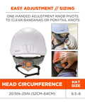 Skullerz 8975 Class C Safety Helmet White Built Tough For All Day Comfort On Construction Sites Lightweight Design EN12492 Side Impact Compliance And Secure Chin Strap with easy adjustment and sizing instructions, shown with adjustment knob in use.