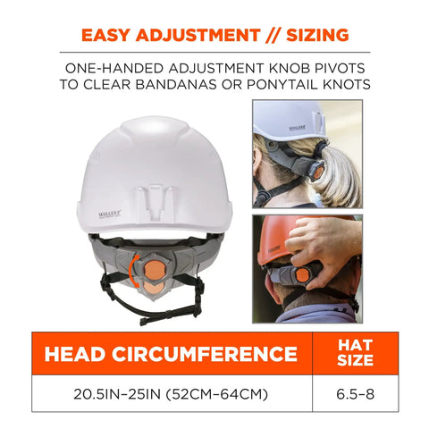 Skullerz 8975 Class C Safety Helmet White Built Tough For All Day Comfort On Construction Sites Lightweight Design EN12492 Side Impact Compliance And Secure Chin Strap with easy adjustment and sizing instructions, shown with adjustment knob in use.