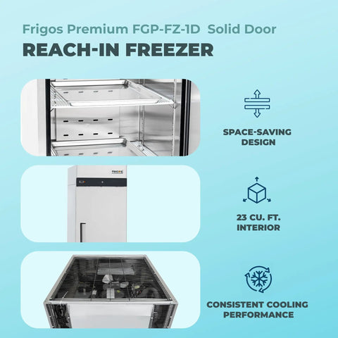 Heavy-Duty Commercial One-Door Reach-In Freezer Featuring Slick Silver Stainless Steel Build And Heavy-Gauge Adjustable Wire Bins, Legit 23-Cubic Feet Zero Frost Capacity, open interior with adjustable wire shelves.