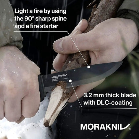 Carbon Steel Fixed Blade Bushcraft Knife With Sheath 4.3 Inch Blade used to carve wood, DLC Coated, rugged outdoor use