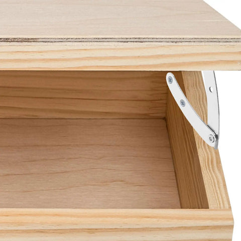 10 Pack Silver Tone Drop Down Lid Hinges With Lid Stay Support for flap doors, shown installed on wooden box lid for easy DIY projects