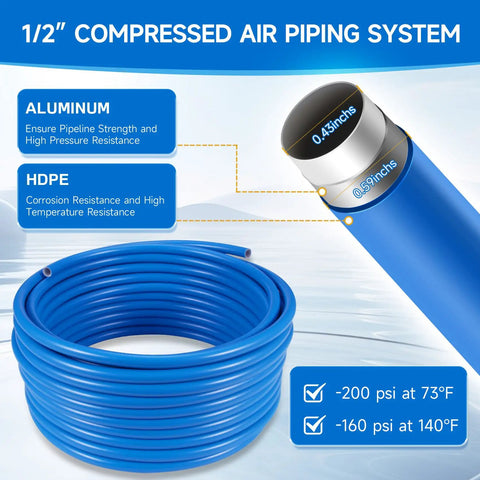 Shop Air Line Kit 100 Ft 1/2 Inch For Garage Rapid Air System With Durable HDPE Aluminum Piping Leak Proof And Easy To Install Includes Fittings Valves Clips And Accessories.
